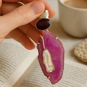 Pink Druzy Agate Pendant with Garnet Glass & Pearl – Handmade Silver Necklace